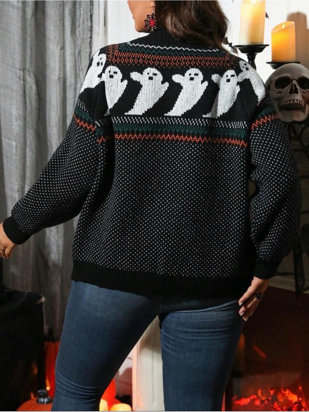 Black Ghost Pattern Button-Front Cardigan Jacket - Picture 2 of 2
